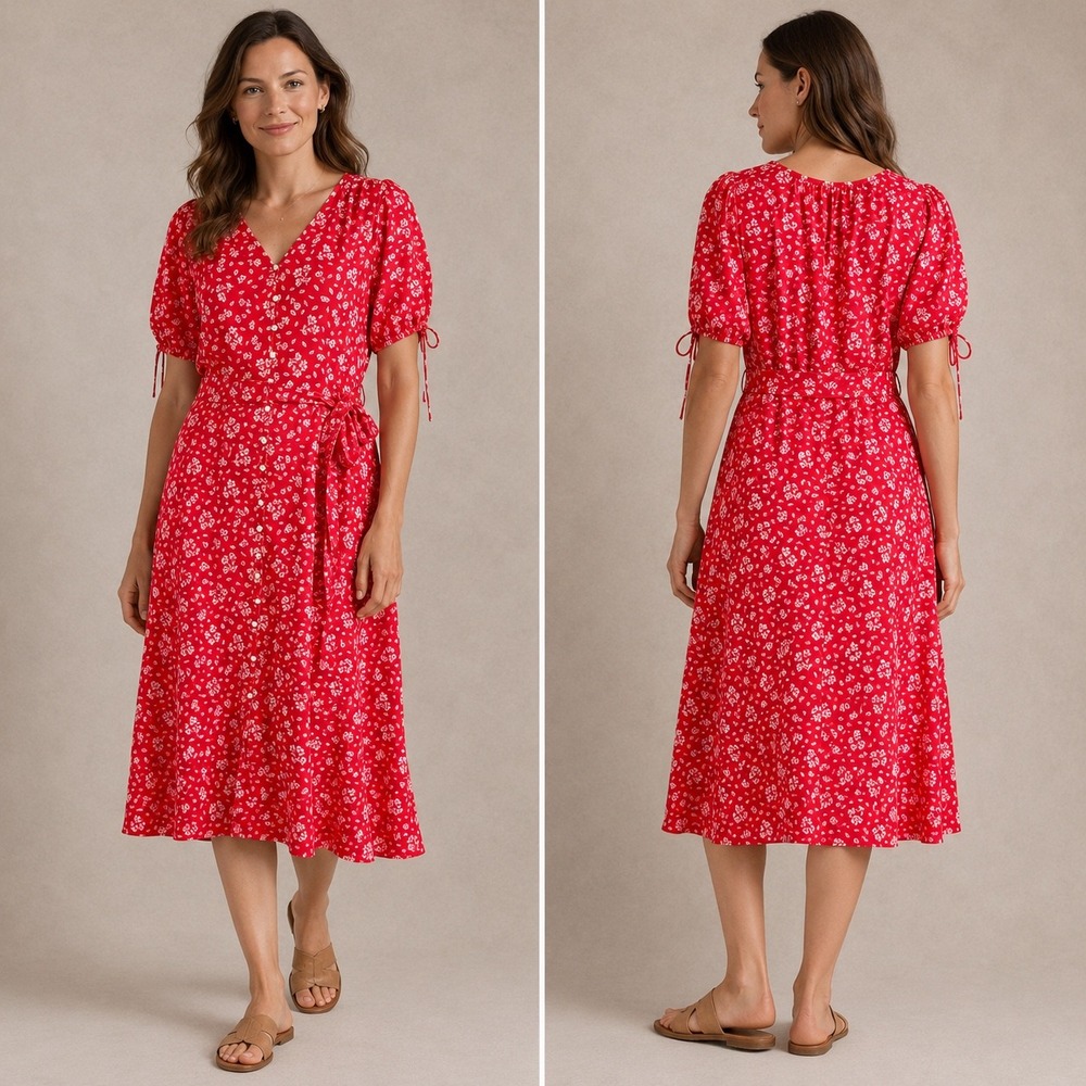 Lauren Ralph Lauren Womens 12 Midi Dress Red Floral Button Front Cottagecore - Picture 16 of 16